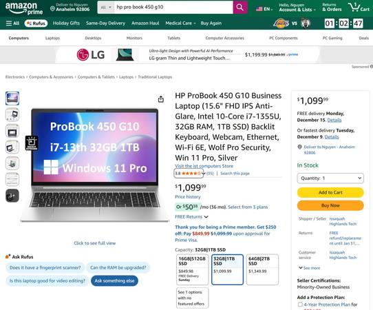 HP ProBook 450 G10 15.6" FHD Touch i7-1355U 32GB RAM 512GB SSD Win 11 1