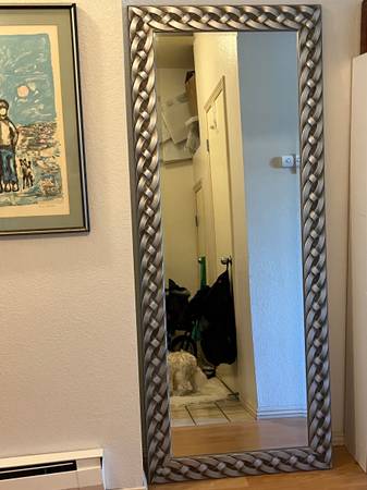 Full length mirror with faux brushed nickel style frame 1