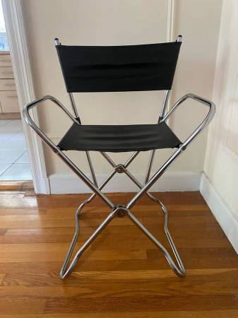 Vintage Chrome Folding Director’s Chair — Black Leather, Welded Frame 1