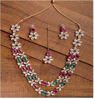 Zaveri Pearls Gold-Plated Pink & Green Artificial Stone-Studded Layere 1