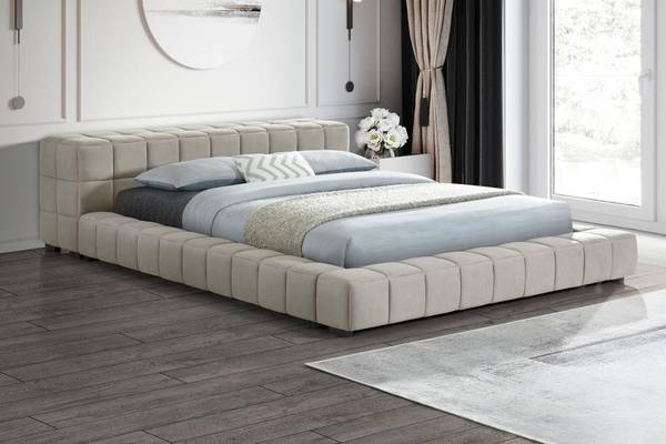 Low Platform Queen Bed Upholstered in Light Taupe Fabric! 1