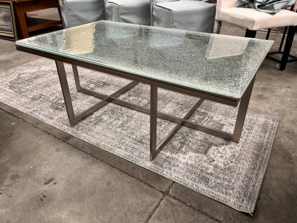Ezin 48 Inch Rectangular Coffee Table, Crackled Glass Top, Metal Frame- Saltoro 1