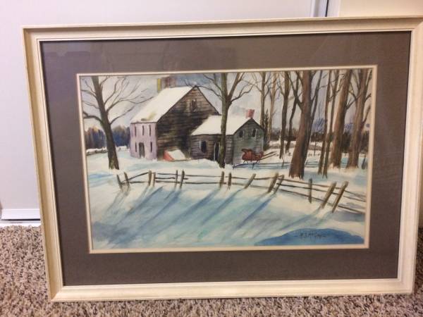 Painting - Water Color Winter Scene - Signed -Wood Frame with Glass 1