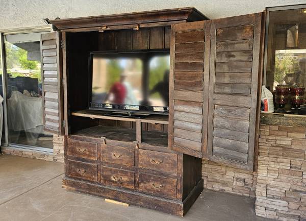 Large Solid Wood Armoire / Louvered Shutter Wardrobe Cabinet – Rustic 1