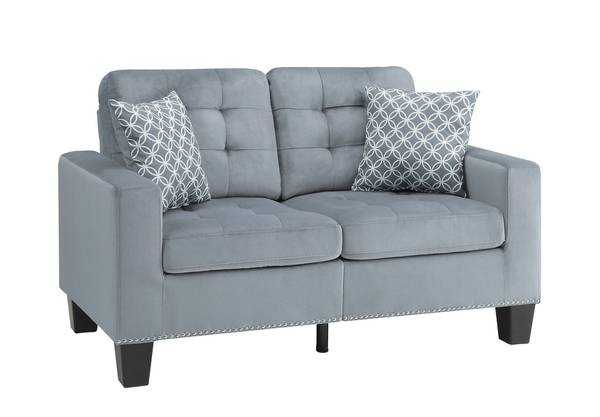 Gray solid wood fabric upholstery,tufted detail,nailhead trim,100%poly 1