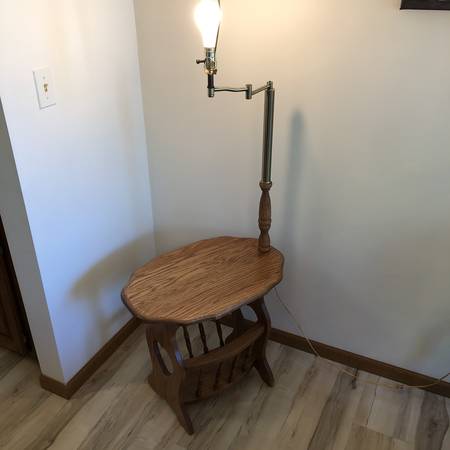 Solid Oak Magazine Rack End Table with Swing Arm Lamp 1
