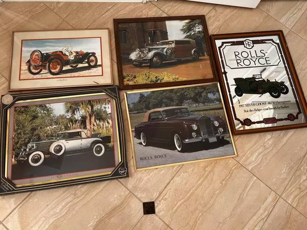 1 Ads Mirror & 4 Vtg Prints of Rolls Royce Classic Models & Cadillac 1