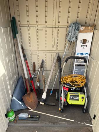 Contents of Storage Shed: Ryobi Pressure Washer, Tools, ect 1