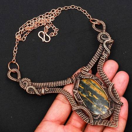Unworn Big Jasper DRUZY Handmade Copper Wire Necklace 52 Gms 1