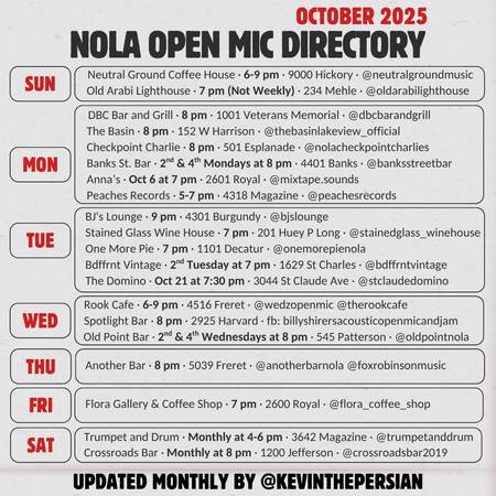 NOLA Open Mic Directory (October 2025) 1