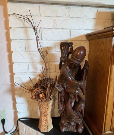24"Asian Elder Figure + Woven Vase with Wooden Flowers & Reeds 1