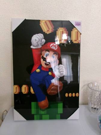 * MARIO WALL ART: large 2' X 3' approx. canvas w/ frame, $10. NEW 1