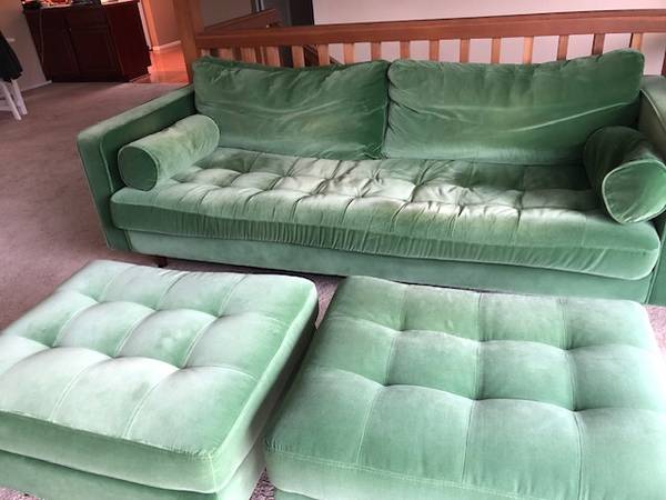 Green Velvet couch and 2 matching Ottomans 1