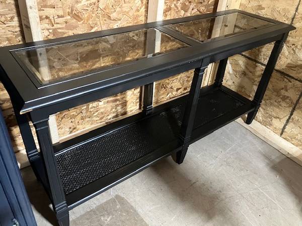 Black Console Table / Sofa Table with Glass Inserts and Cane Shelf 651 1
