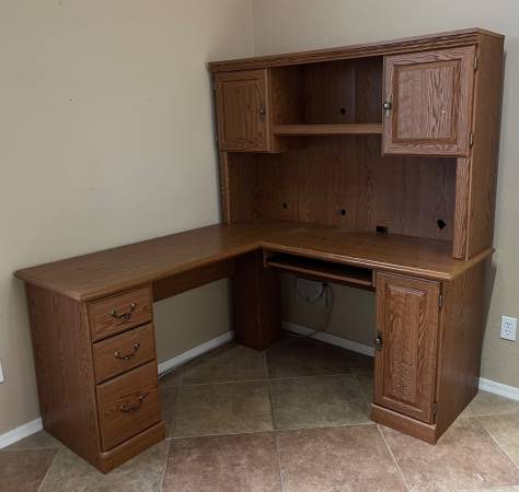 Corner computer desk with cabinet, shelves, and drawers 1