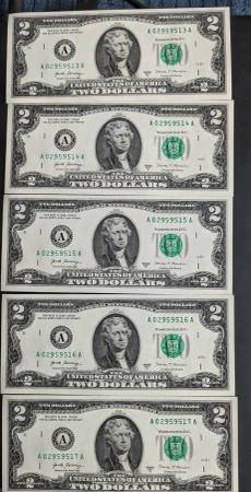Five $2.00 Bills uncirculated and sequential serial numbers. 1