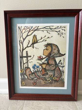 Vintage Hummel Print Girl Sitting With Bird West Germany 16"h x 13"w 1