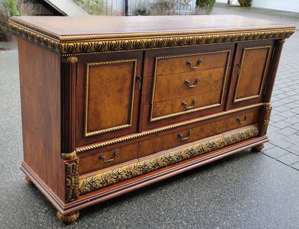 Beautiful Ornate Wood & Gold Accent Cabinet / Sideboard. 1