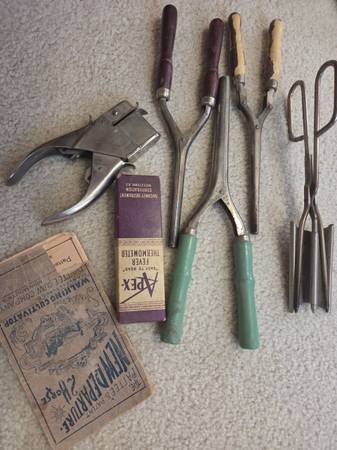 Antique curling irons, paper punch, thermometer, booklet 1