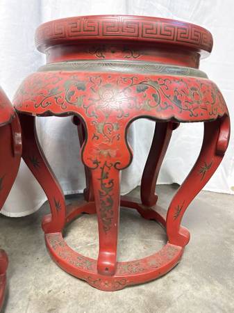 A Pair of Chinese Cloisonne Red Lacquered Wood Stools