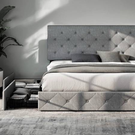 Brand New Queen bed frame with 4 drawers storage and headboard with wood slat su 1