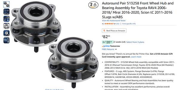 Front Wheel Hub and Bearing Assembly for Toyota RAV4 2006-2018 1