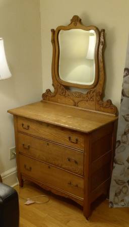 Antique Victorian Arts & Crafts Oak Dresser Carved Harp Cheval Mirror 1