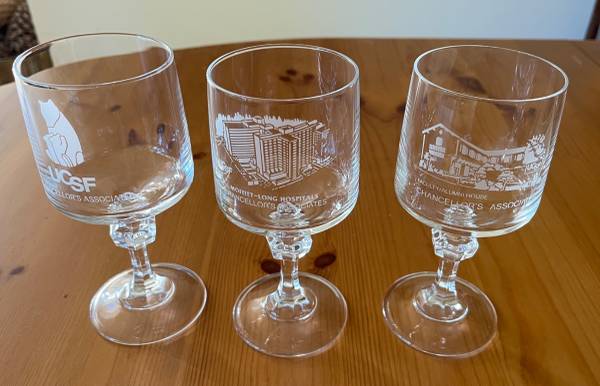 Three Crystal Wine Glasses Engraved with UCSF 1