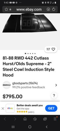 HOOD 81-88 Olds Cutlass 442 H/O Steel 2" Cowl Induction 1