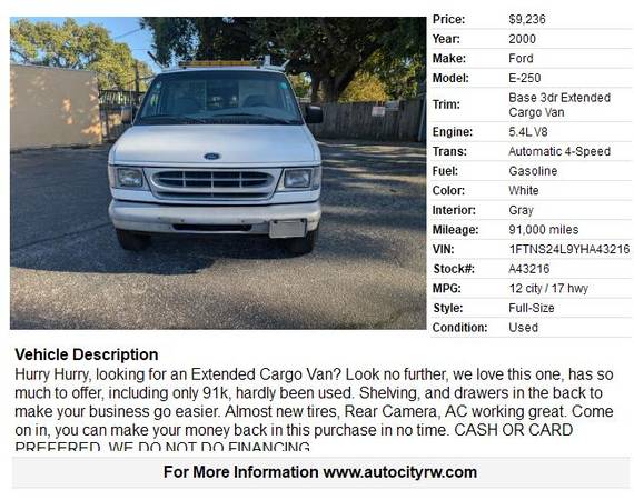2000 Ford E-250 Base 3dr Extended Cargo Van 91k Miles - $8,995 (redwood city)63438649334019121