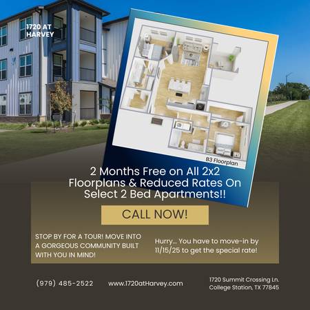 $1,625 / 2br - 1186ft2 - ¡Alquiler reducido en apartamentos selectos de 2x2! ¡Espacioso vivir te espera! (College Station)63884891355265120