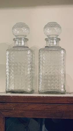 1940s Heisey Barware Square Glass Decanters w Stoppers 1