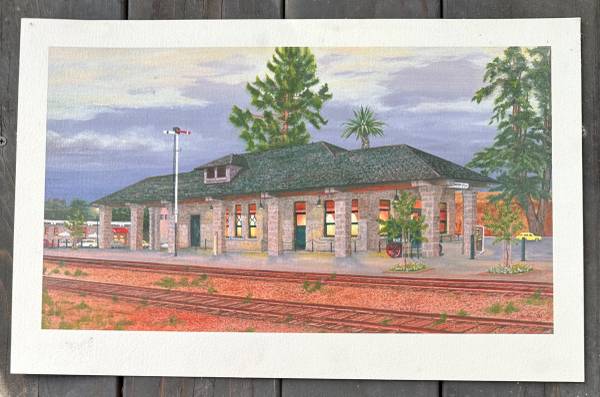 Santa Rosa Train Station Watercolor on Board Paper Painting Signed 199 1