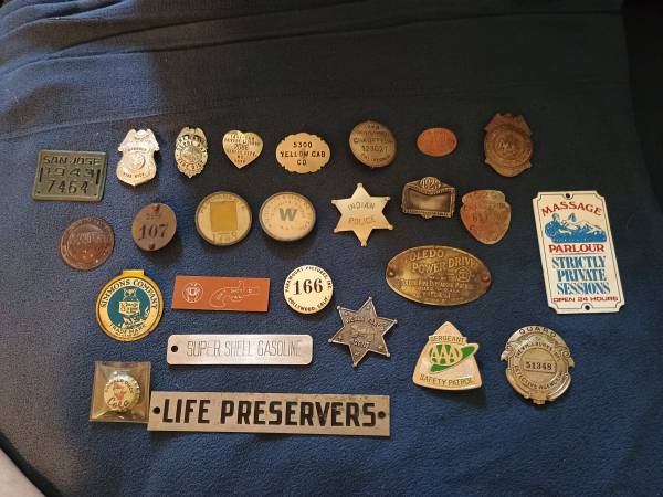 fireman...policeman...taxi..military...vintage badges , pins , signs . 1