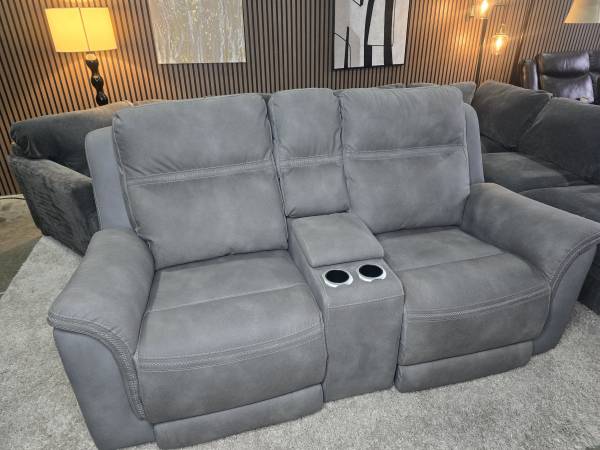 Like New- Ashley Power Reclining Gray Fabric Loveseat with Console 1