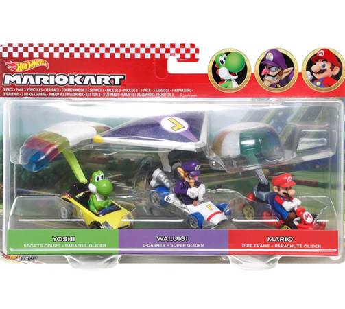 NEW Hot Wheel Mario Kart Cars Mario, Waluigi & Yoshi 3-Pack Glider Edition 1:64 1