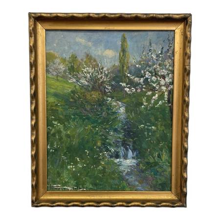 Vintage Impressionist Spring Landscape Painting with Stream in Gilt Toned Frame. 1