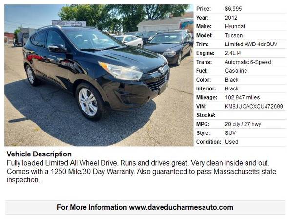 2012 Hyundai Tucson Limited AWD - $6,995 (Lowell, MA *www.daveducharmesauto.com)63472073001987121