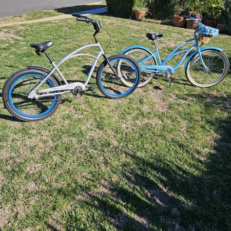 Silver Electra Sparker Special and Blue Electra Hawaii Beach Cruiser Bikes 1