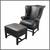 Vintage Chippendale Style Black Leather Arm Chair + Ottoman, Set 1 thumbnail