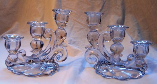 CAMBRIDGE GLASS COMPANY – Rosepoint Triple Candlesticks 1