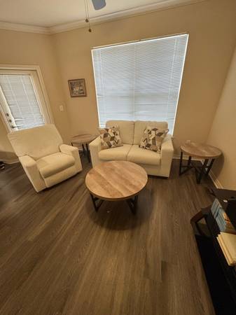 Loveseat, reclining, rocker and three tables 1