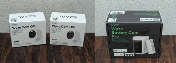 Brand New in Box Wyze Cam OG, Used Battery Cam Pro camera 1