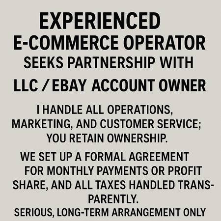 Experienced e-commerce operator seeks partnership with eBay/LLC owner 1