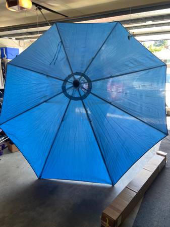 black and white patio umbrella with stand Pagoda Round Black & Natural White Stripe Outdoor Umbrella with White Pole