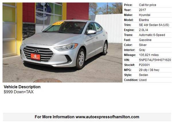 2017 Hyundai Elantra SE $999 DOWN + TAX, BUY HERE / PAY HERE - $999 (Hamilton)63470428651139121