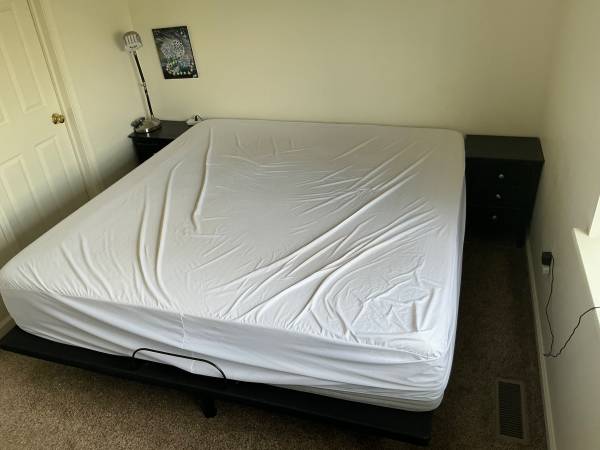 Purple Mattress, Base, End Tables and TV with wall mount bedroom set 1