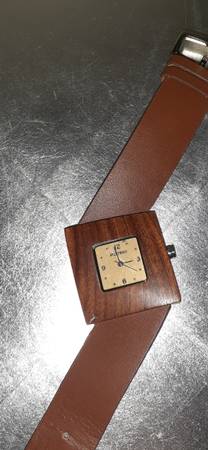 High Fashion Assymetrical Art Deco Wood Case Watch With Leather Band 1