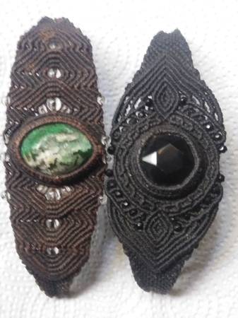 2 Hand Embroidered Bracelets With Obsidian and Green Quartz Stones 1