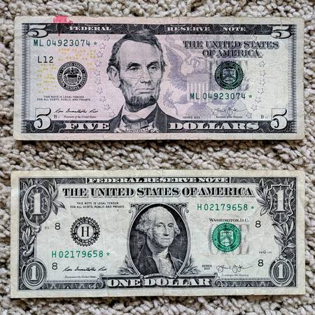 Two 2013 fancy serial number Federal Reserve Bank $5 & $51 STAR notes 1